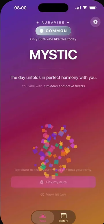 AuraVibe, a daily aura reading app built with Orchard, showing today’s aura card
