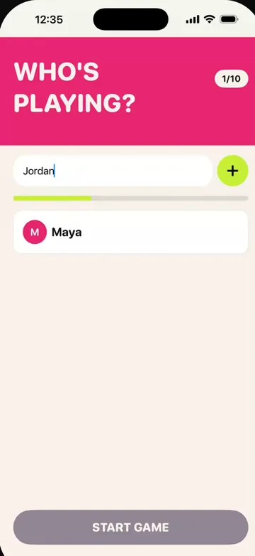 Hotseat, a party game built with Orchard, on its add-players screen
