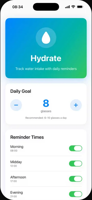 Hydrate, a water tracker built with Orchard, showing a daily glass goal and reminder times