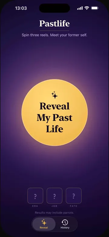 Pastlife, a past-life reveal app built with Orchard