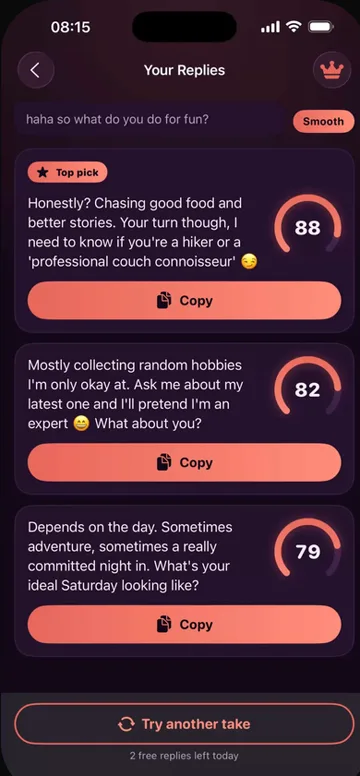 Wingline, a dating reply helper built with Orchard, showing three scored reply ideas