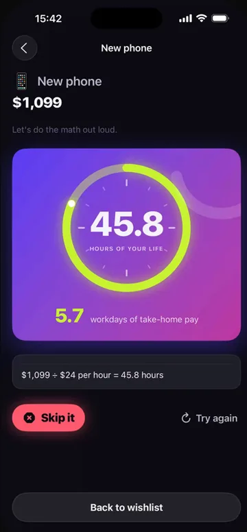 Worthit, an app built with Orchard that shows a purchase in hours of your working life